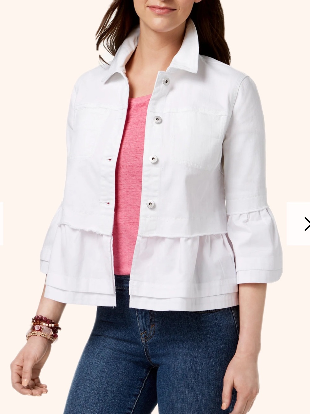 Style & Co White Ruffle Peplum Jacket Bell Sleeve Cotton Blend PL
